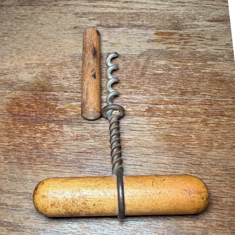 Antique Primitive Wooden T Handle Corkscrew with Sheath Twisted Wire Steel Worm